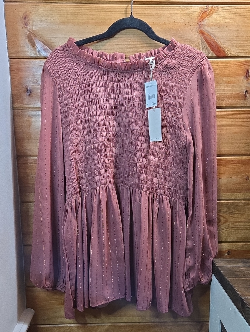 MELLODAY Dusty Rose Smocked Peplum Long-Sleeve Top Large